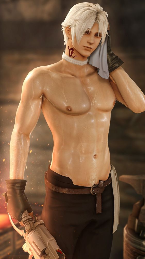 Picture of Thancred Waters from FFXIV with no shirt on at a blacksmith. 