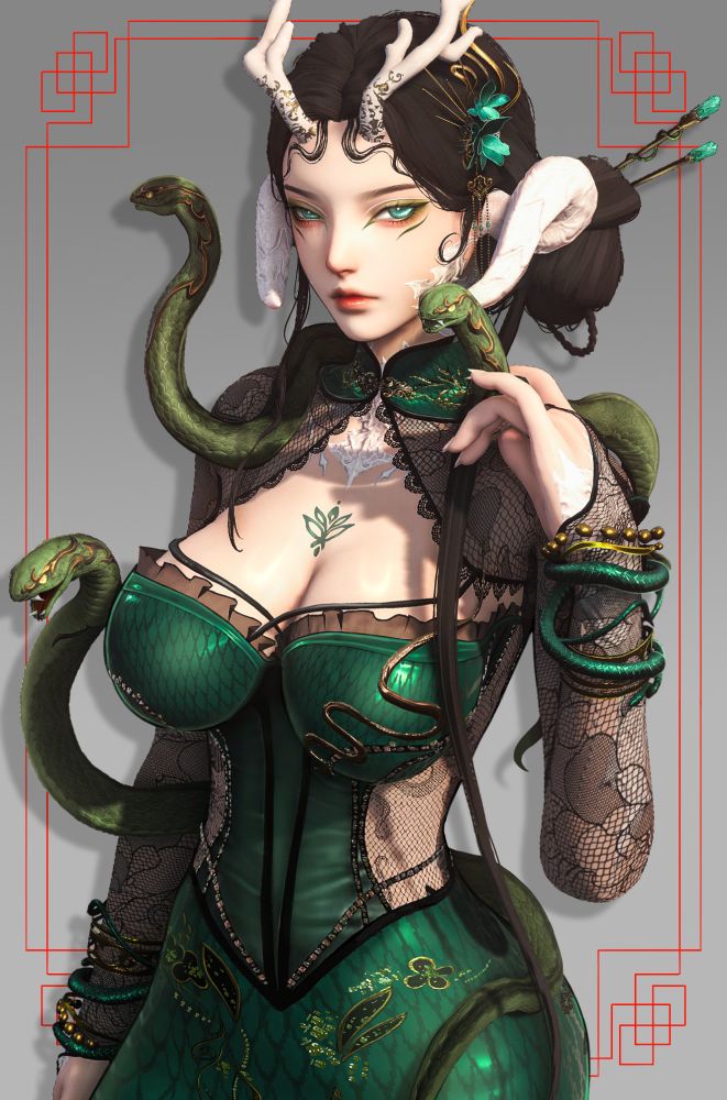 Screenshot of an au ra from FFXIV in a green dress with snakes around her. 