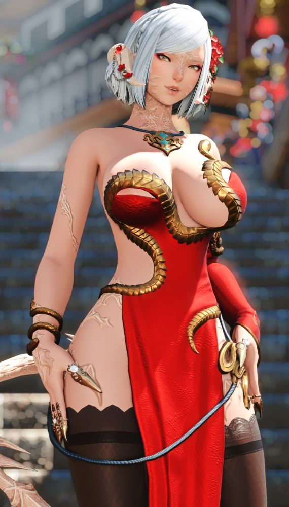 Screenshot of an au ra from FFXIV in a red dress.