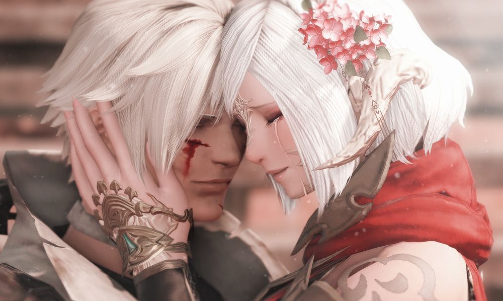Picture of Thancred from FFXIV and a female au ra from FFXIV. Their faces are pressed up to each other lovingly. 