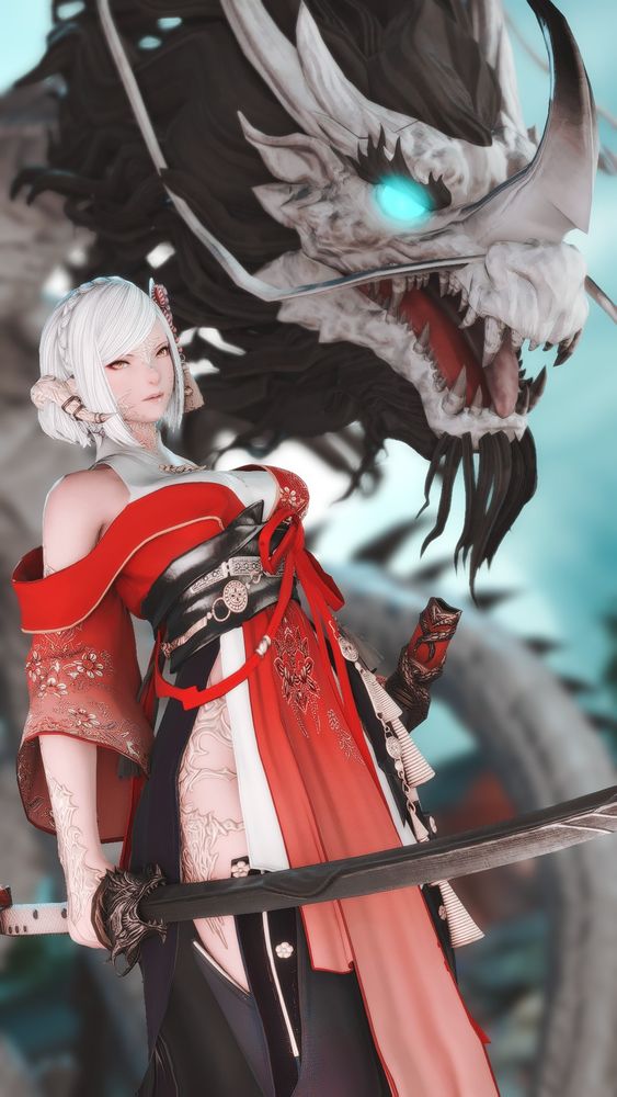 Picture of a female au ra from FFXIV in a red kimono. She is holding a samurai sword and a white dragon is behind her.