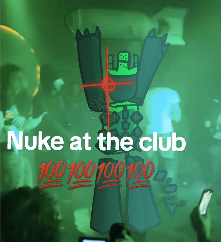 A still image of 1x1x1x1, the Roblox myth, standing in the middle of the screen. His back is to the camera and he is holding a large nuke above his head. The caption reads, 'Nuke at the club'. The image is almost entirely green.