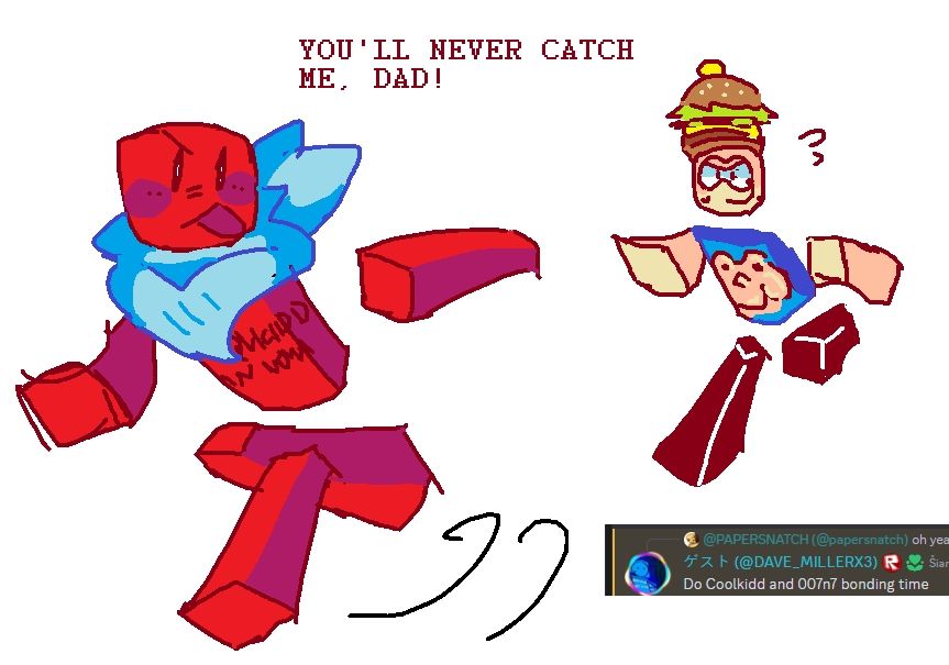 An image of c00lkidd / Coolkid and 007n7, from the Roblox game Forsaken. c00lkidd is in the foreground, running away from a pursuing 007n7. They both have a determined expression on their face.