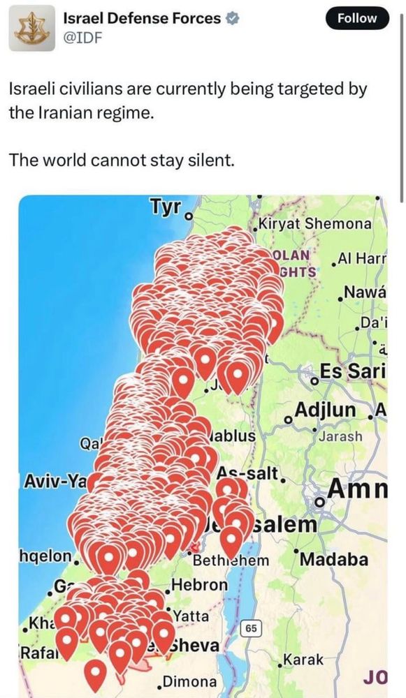 Tweet by Israeli Defense Force:
Israeli civilians are currently being targeted by the Iranian regime. The world cannot stay silent.

Attached is a photo of a map of Israel with markings of all the spots that Iran’s missiles have hit. 