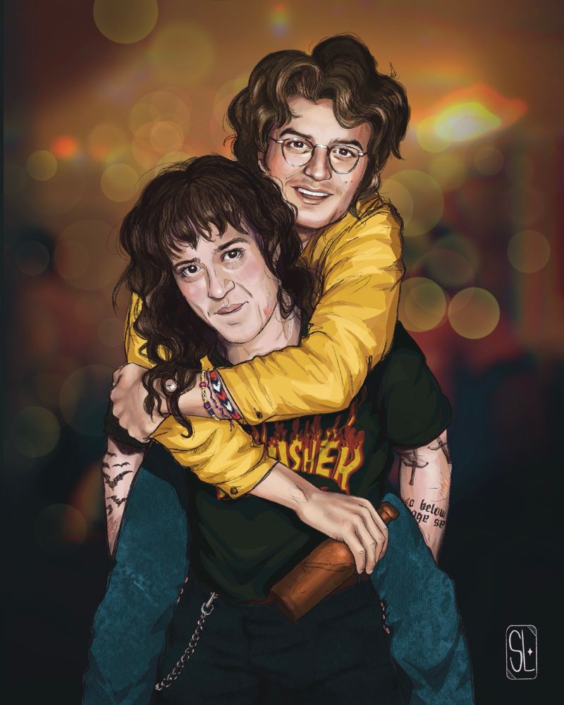 Digital illustration of Steve and Eddie from Stranger Things. Eddie is holding Steve on his back, Steve has his arms wrapped around him. The background is vaguely party-like, with bokeh lights. They appear to be a few years older than their teenager selves in the show. 