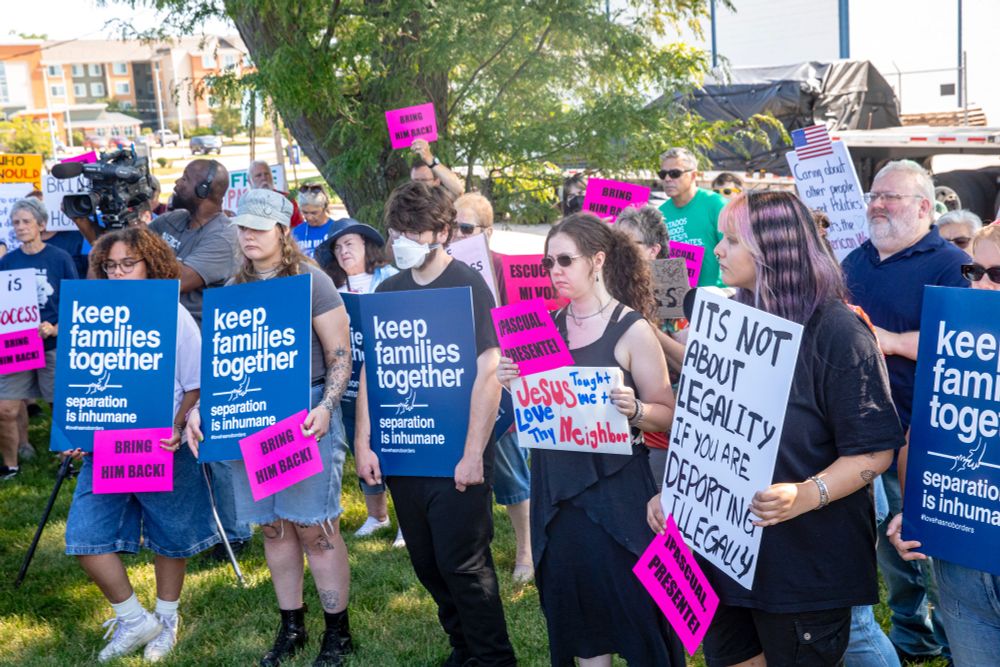 Community members gather during a demonstration in support of Pascual Pedro outside of the Department of Homeland Security’s office in Cedar Rapids, Iowa on Wednesday, July 9, 2025. Pedro, who had lived in Iowa for seven years after immigrating with his father at age 13, was deported to Guatemala less than a week after being detained at a required annual check-in. (Nick Rohlman/The Gazette)