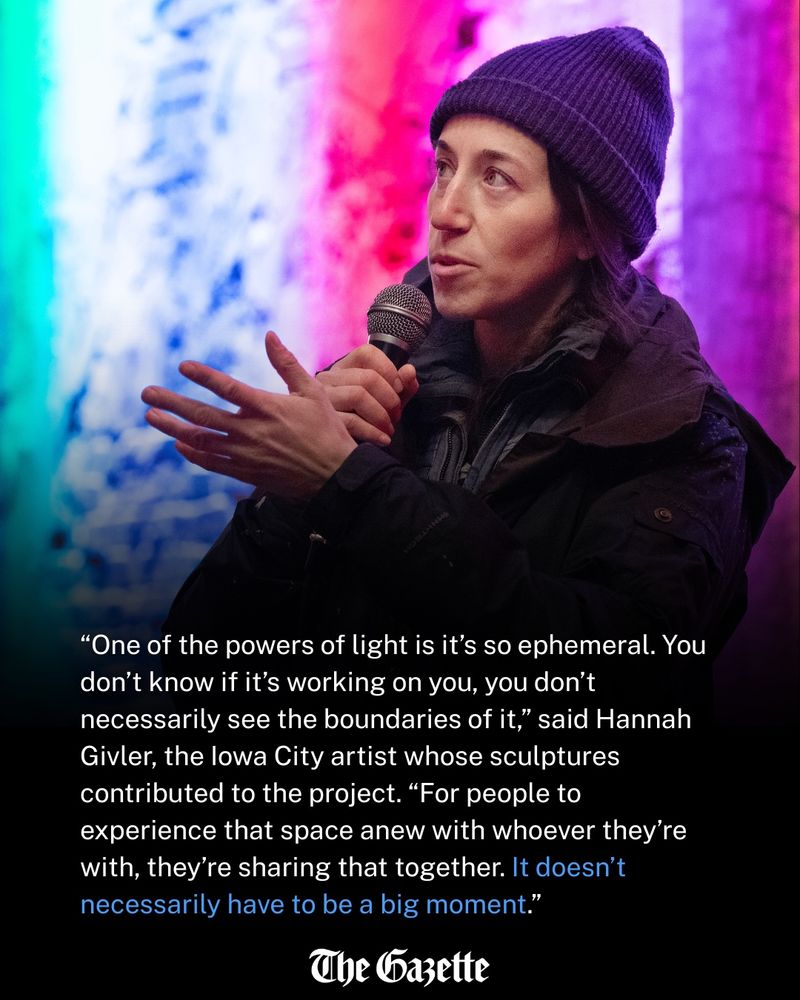 Sculptor Hannah Givler, of Iowa City, discusses how they wanted to compliment Drew Etienne's mural “Campfire Stories” during the “Twilights” art installation at the Pedestrian Mall in downtown Iowa City on Friday, November 21, 2025. (Elizabeth Wood/The Gazette)