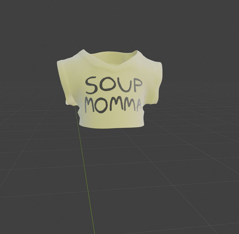 a 3d model of a shirt that says "soup momma" on it