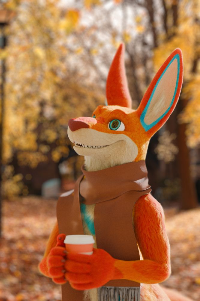 a render of my kangaroo fursona standing in a park full of trees turning pretty colors as they lose their leaves