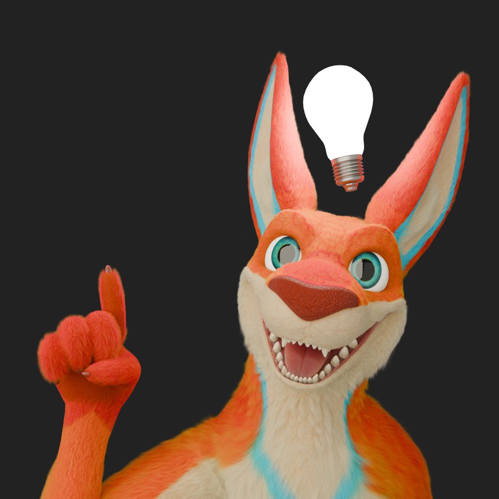 a render of my fursona with a lightbulb on his head and a goofy smile