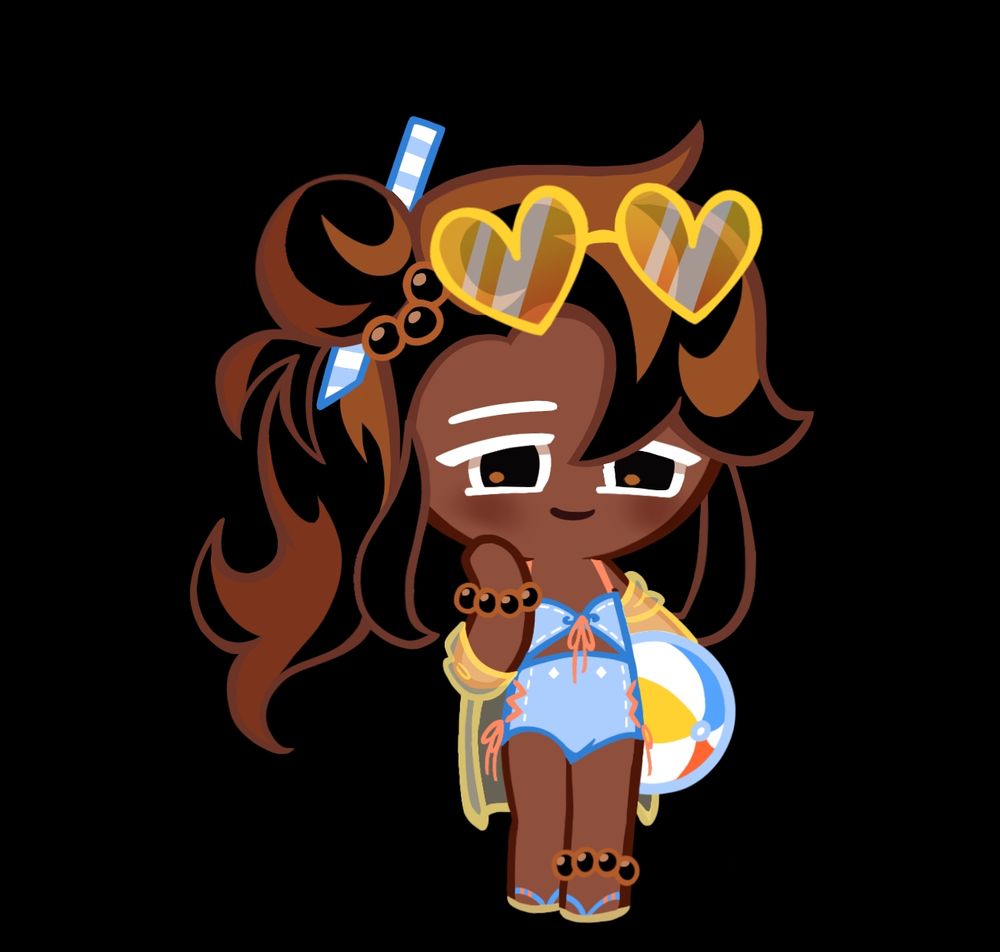 Caramel Arrow Cookie in a beach themed outfit, holding a beach ball and a see through overcoat. She has little boba accessories and heart shaped sunglasses, with a boba straw holding up a little bun and side ponytail in her hair! She has a bashful expression