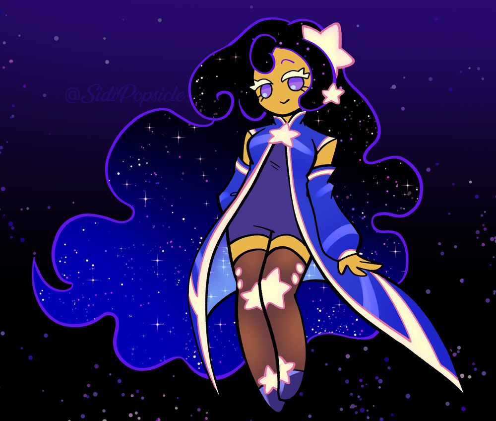 moonlight cookie dressed in a star themed outfit, floating in space. her socks are sheer and her jacket is otherworldly and a bit shiny