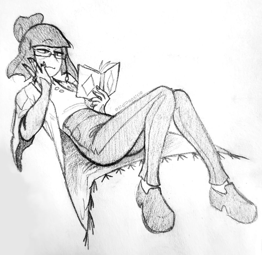 odile from in stars and time, reclined and reading a little book. she has her hand on her cheek and shes also really hot