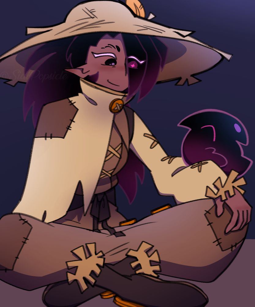 black raisin cookie as a scarecrow, sat down and looking at her little crow friend perched on her arm. She looks happy. The setting is a little bit moonlit 