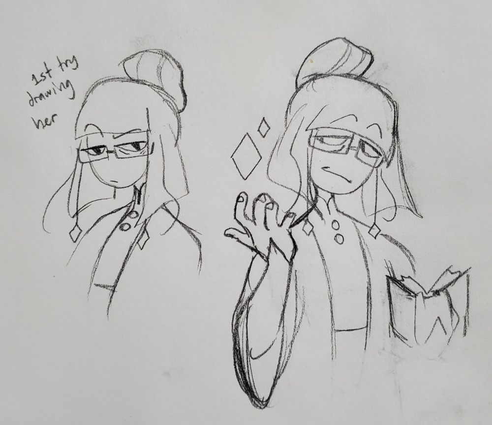 two doodles of odile from in stars and time. The left doodle was my first time ever drawing her, with no reference. The right one is me drawing her with references. she looks annoyed on the left, and standing confidently on the right