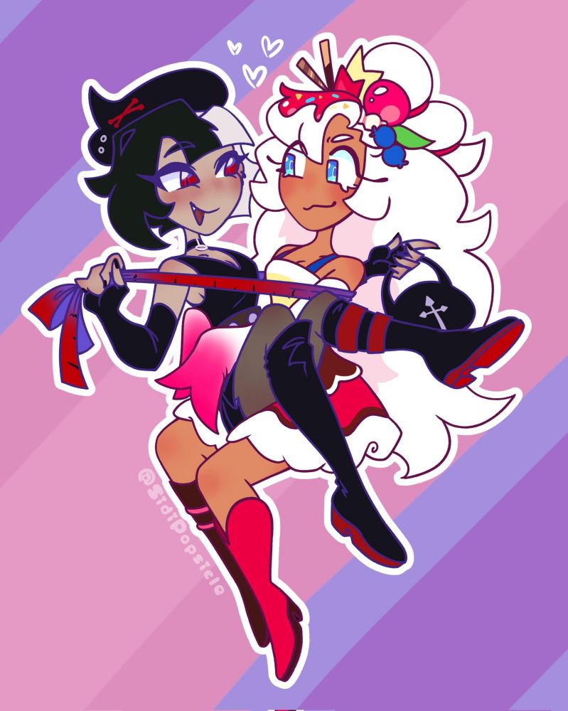 Parfait and Currant Cream! Currant Cream is in Parfait's lap balancing by having her measuring tape wrapped around Parfait's torso! Parfait is also holding her waist. Theyre looking at eachother all confident and cute