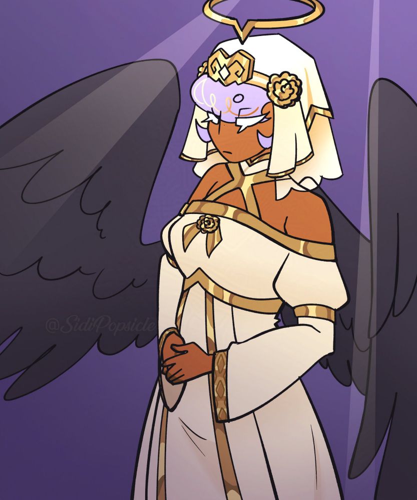 Pastry Cookie dressed up as an angel, but with dark wings. she has a halo and is donned by a couple rays of light 