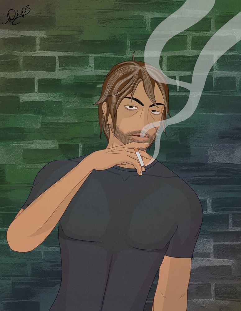 A tired-looking man with facial hair smokes a cigarette in front of a green brick wall, wearing a fitted dark shirt.