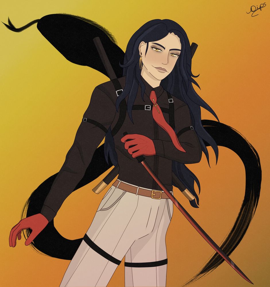 A long-haired man in dark tactical clothing holds a sword against a warm gradient background with a black snake design in the background.
