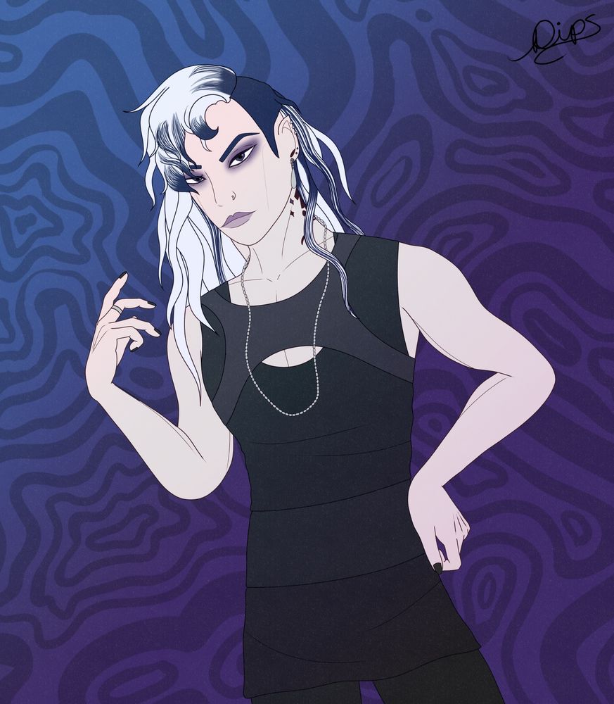 A stylish person with split black-and-white hair and makeup poses against a wavy purple background, wearing a black shirt and silver chains.