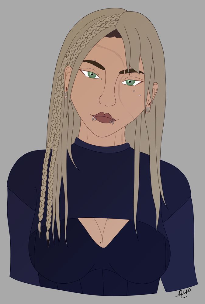 a bust of a woman. shes looking directly at the viewer. she has green eyes, blonde hair and piercings. 