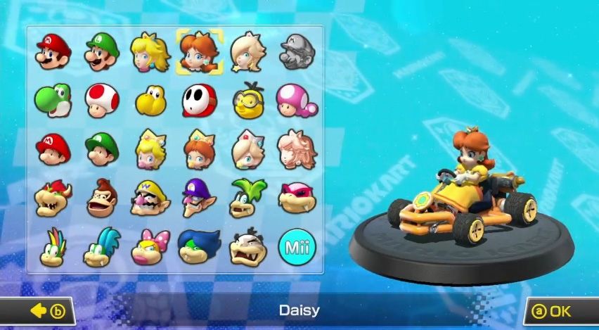 Mario Kart 8's original character select screen. There is a 6x5 grid of icons of Mario characters on the left, and the current selected character on the right.