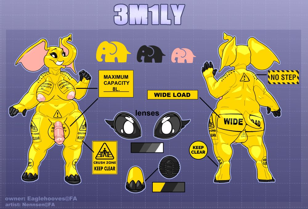 The reference sheet for a rubber elephant character named "Emily", but with the E and I replaced with the numbers 3 and 1. She's made out of bright yellow rubber, with black and pink accents, and has built-in boot treads on the bottom of her feet and warnings that say "Keep Clear", "Crush Zone", "Wide Load", "No Step" along with max capacity labels on several parts of her anatomy, giving her a very industrial equipment vibe.