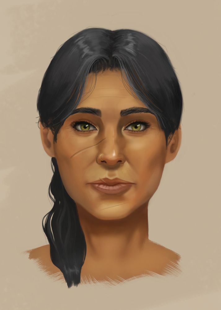 Front portrait of an Arab woman in her forties, she has a scar on her left cheek, one on her upper lip and one on her chin