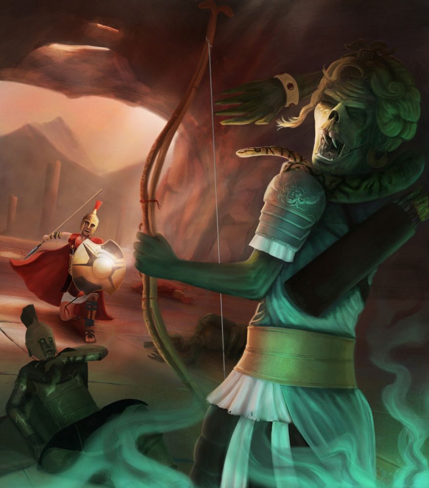 Illustration de la créature mythologique Méduse, ébloui par le bouclier d'un soldat antique. Des corps gisent autour d'eux soit transformés en statues ou criblés de flèches