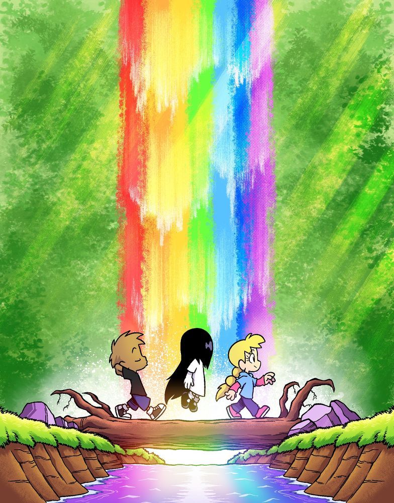 Erma and her friends walking over a log bridge with a rainbow waterfall and stream flowing beside them.