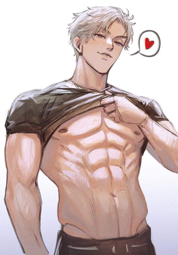 Sylus lifting his shirt to reveal his abs, looking at the viewer with a smug look.
