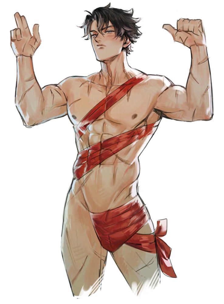 Wriothesley in his birthday suit with red ribbons wrapped around him