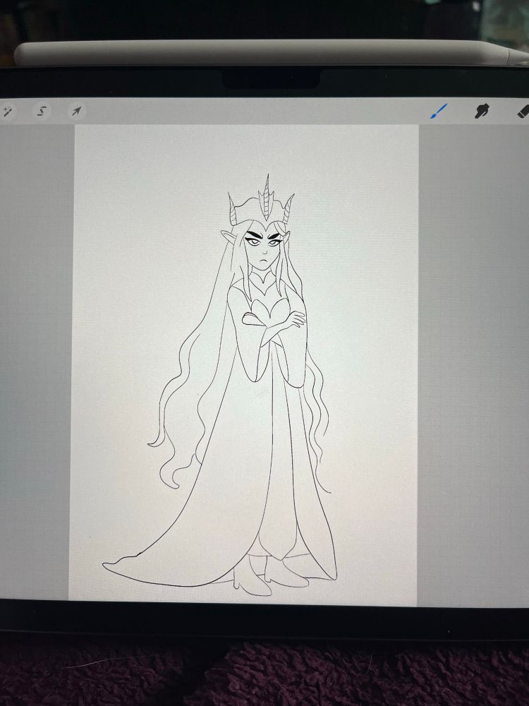 An in progress sketch on an iPad, of a fantasy elvish queen inspired by the game dwarf fortress. She has her arms crossed and a grumpy expression.