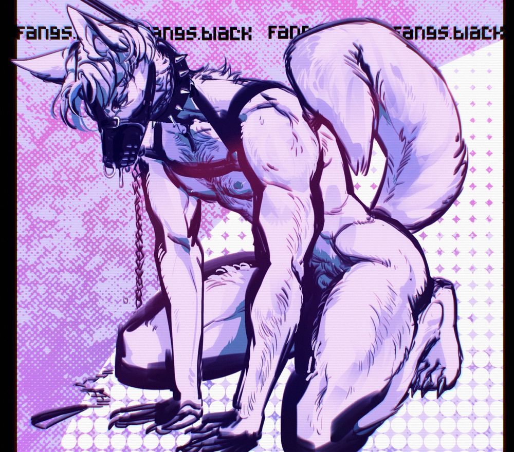 fangsblack anthro furry art furryart nudity bondage bdsm harness muzzle leash male domesticated dog fenrix