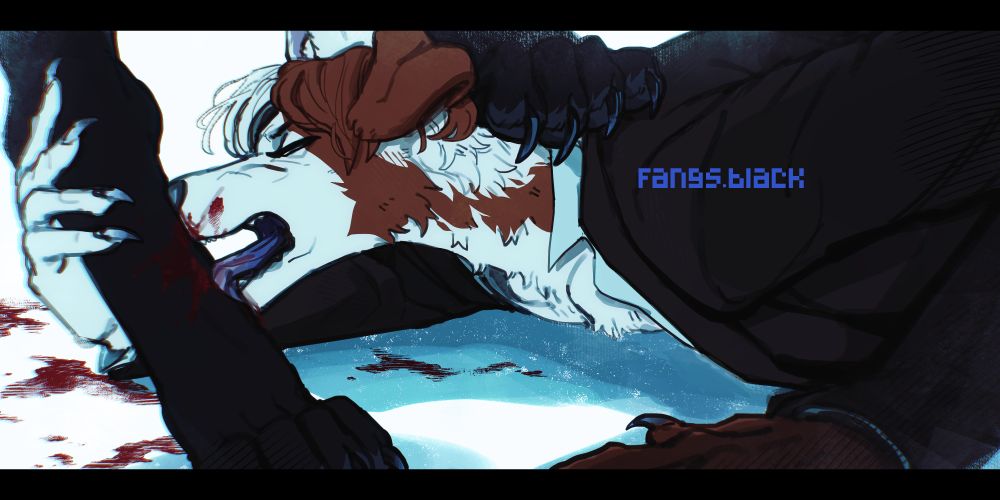 fangsblack anthro furry canine art of calix licking blood off jaguar feline paws in a suit, stepped on on the floor no background sketch