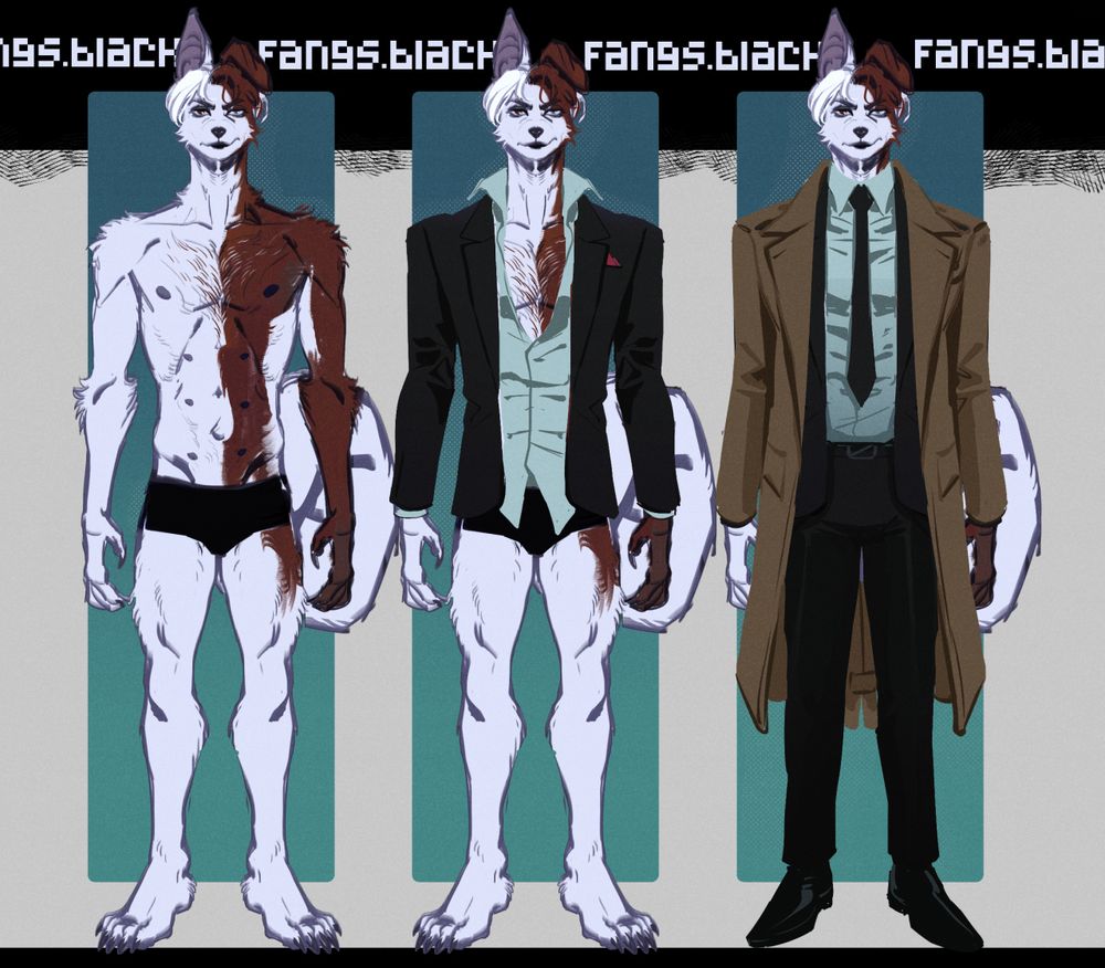 character outfit and color reference for calix as an anthro furry canine domesticated dog AU button shirt blazer elegant camel trench heterochromia chimerism