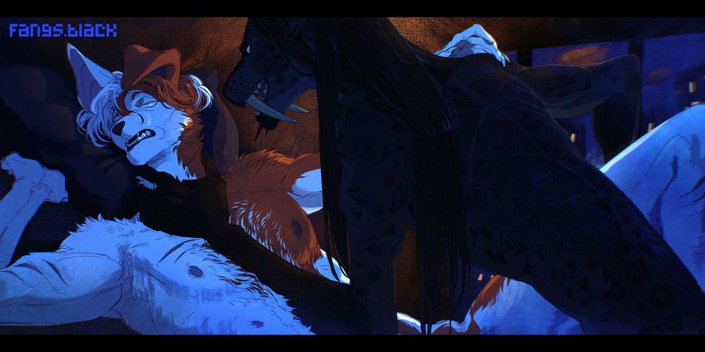 fangsblack anthro furry implied nsfw domesticated dog canine sabertooth smilodon #furryart piercings background of nighttime city neck grabbing choking