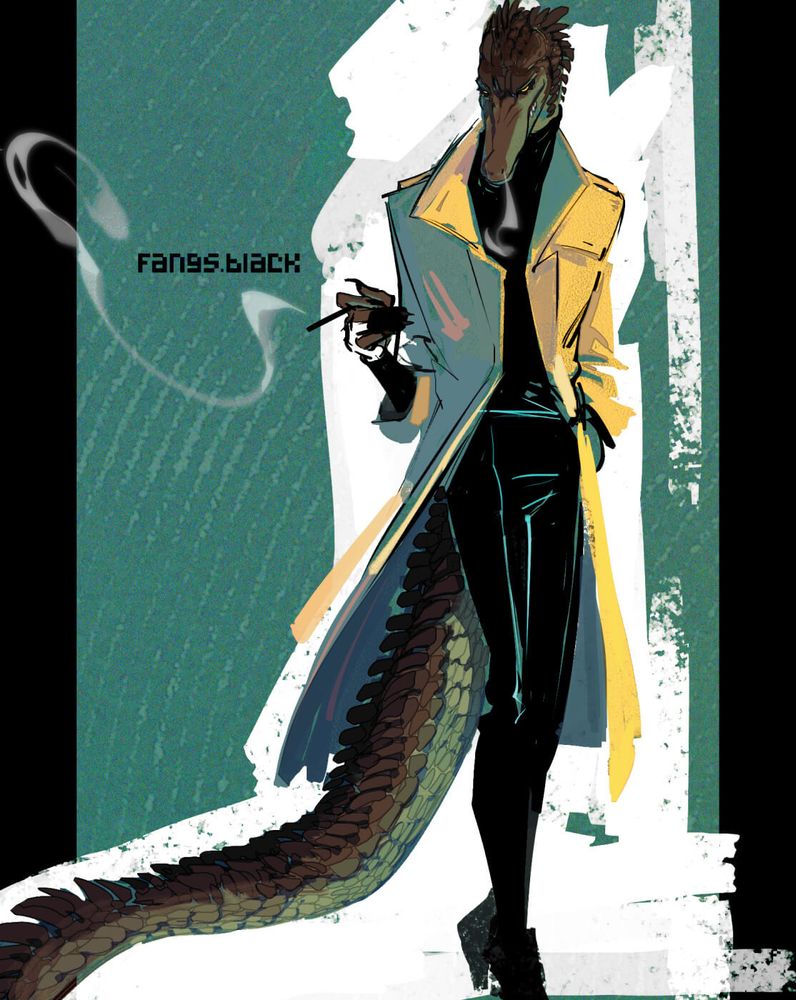 fangsblack atylish anthro furry scaly crocodile alligator in yellow coat smoking, you can trust me w ur uncommon species
