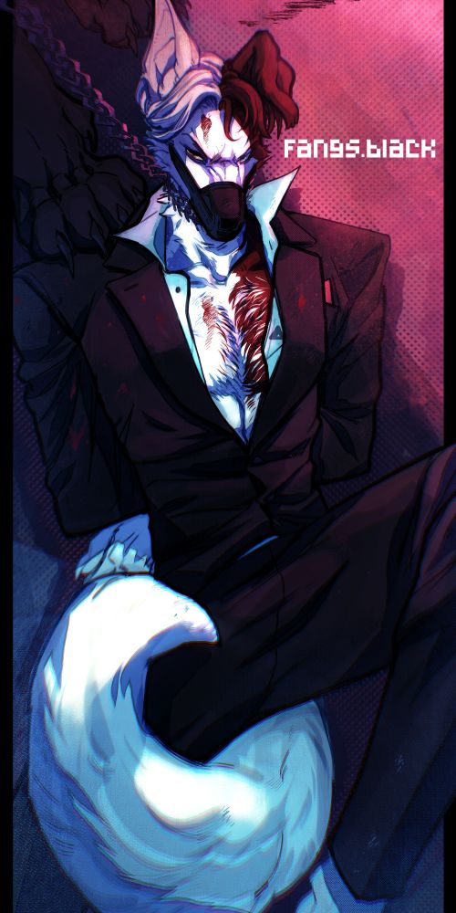 fangsblack anthro furry art calix in a suit blood muzzle bondage choke collar leash curly tail paws