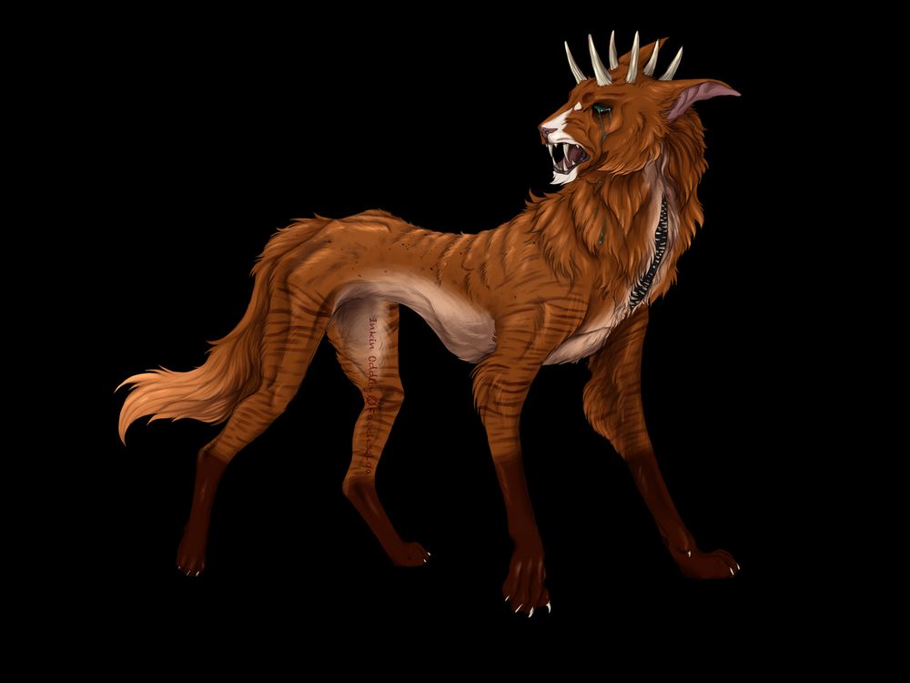 a large red ticked tabby with missing eyes, blue green blood, a bone crown, and a neck mouth shouts for his adopted son