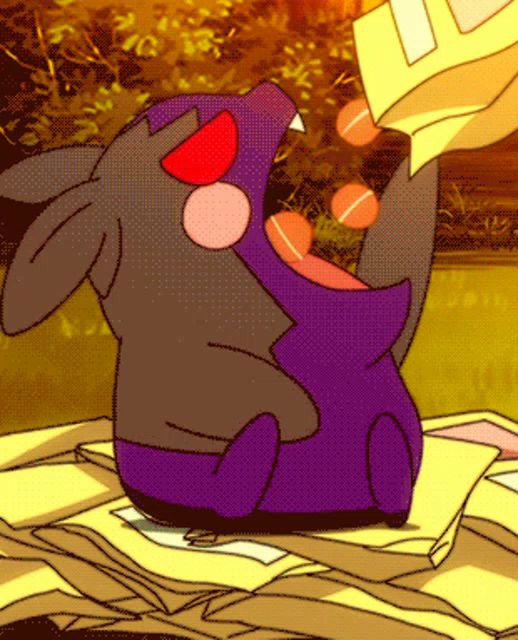 a purple cartoon character is sitting on a pile of paperwork