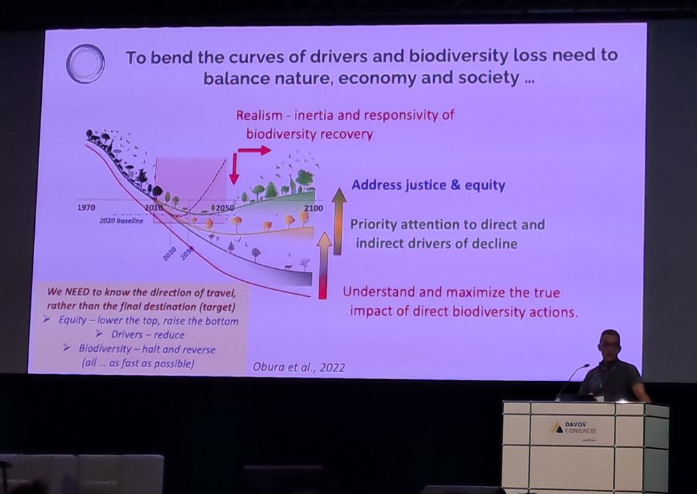 David Obura in front of his final slide with clear messages on the importance of direct and indirect drivers of biodiversity and their relation to justice and equity