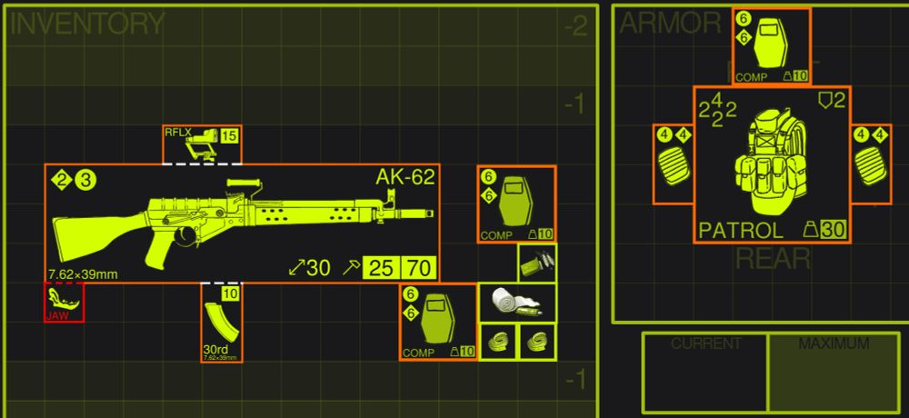 screenshot of the grid-based inventory portion of a BELL SHROUD character sheet. the sheet is separated into two portions: inventory and armor. 

the INVENTORY portion contains a weapon and its attachments, as well as extra armor plates and healing items. also, the upper and lower sections of the inventory grid are labeled -1 and -2, representing additional levels of encumbrance when items are placed there.

the ARMOR portion contains an armor carrier with its PLATE CAPACITY(top left), SOFT ARMOR VALUE(top right), NAME(bottom left), and WEIGHT(bottom right) listed, as well as armor plates matching the capacity listed per side.