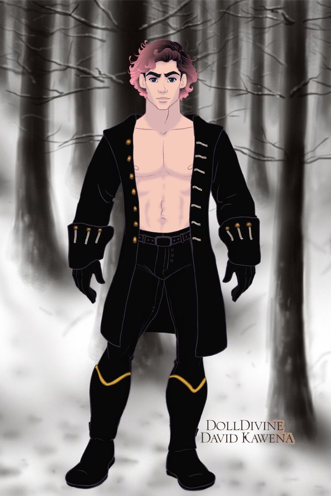 A photo of an avatar of my character Cas from my short story Neon Light Heat. He is wearing a black and gold historical outfit in front of a grey misty forest.