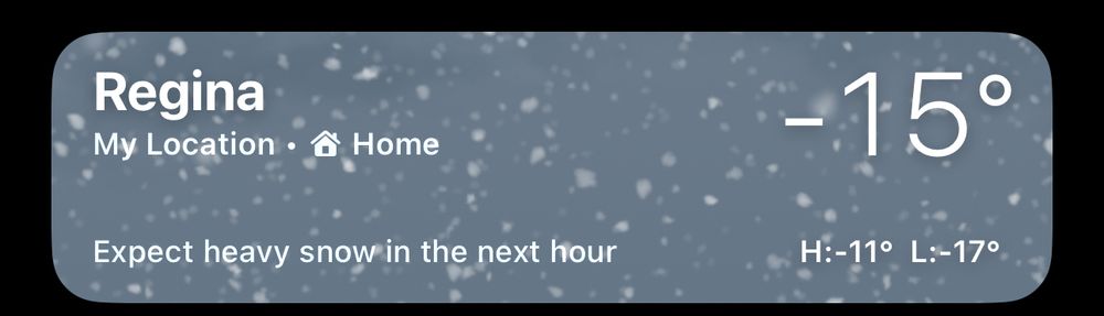 A picture of weather in Regina Saskatchewan Canada where it indicates it is -15 Celsius (which is really cold)