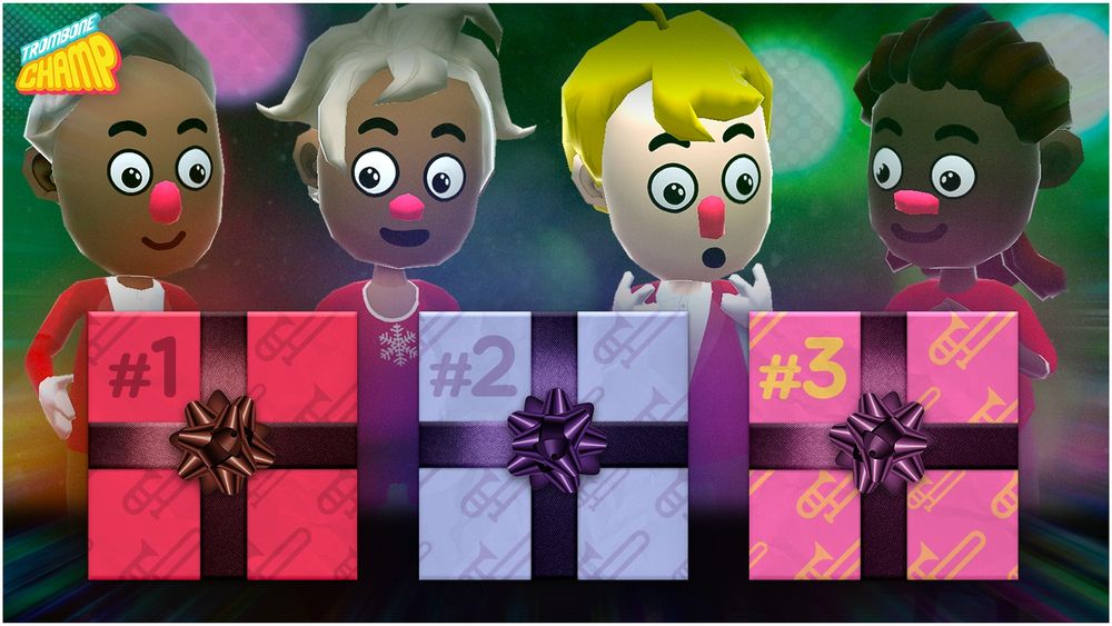 Four characters from Trombone Champ looking excitedly at four wrapped Christmas presents: one red, one blue, and one pink.