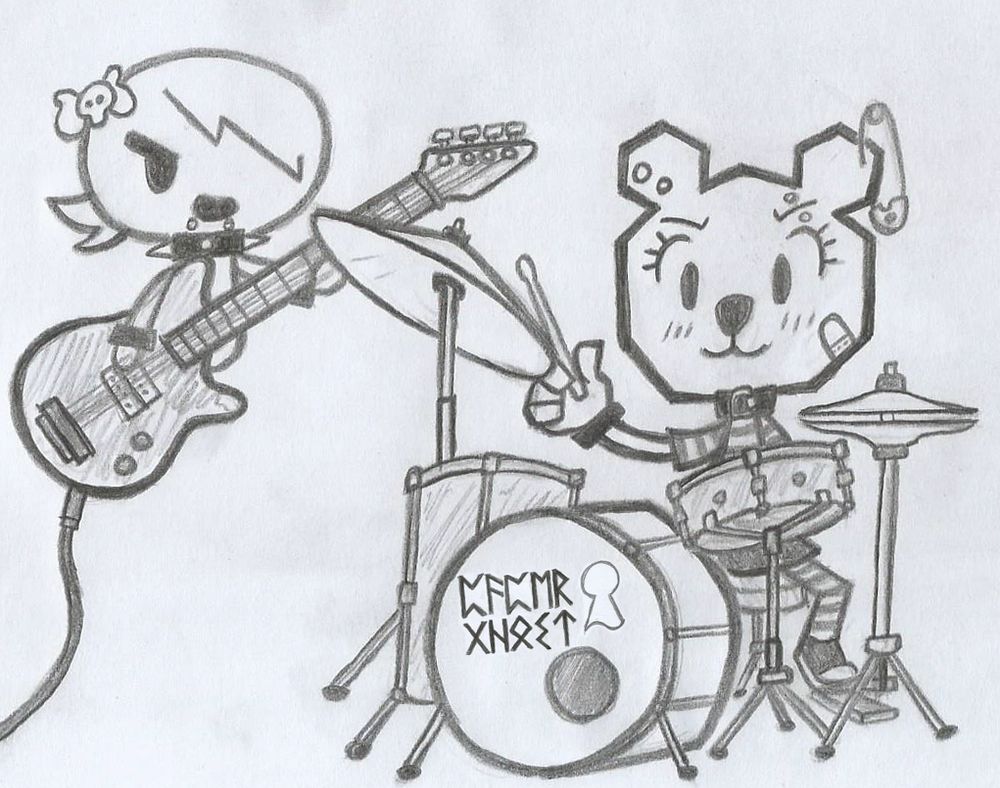 Teri and Carrie playing some music. Teri is playing the drums, and Carrie is playing the bass guitar.