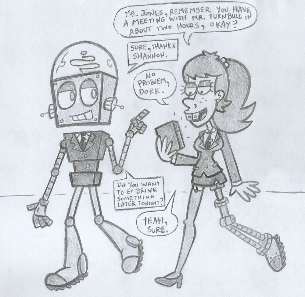 Grownup Robot Jones and Shannon wearing suits and talking about business.