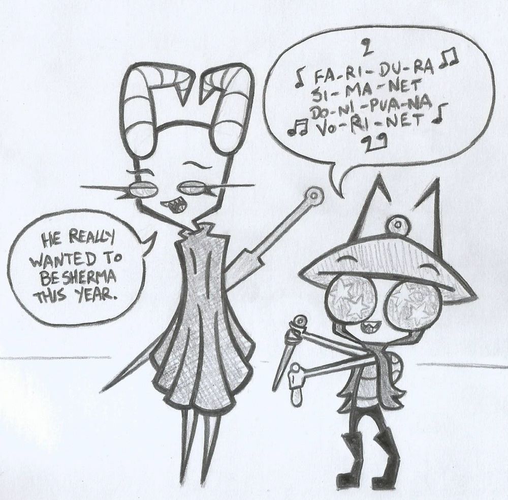 Schro and Dinger, disguised as Hornet and Sherma, respectively.