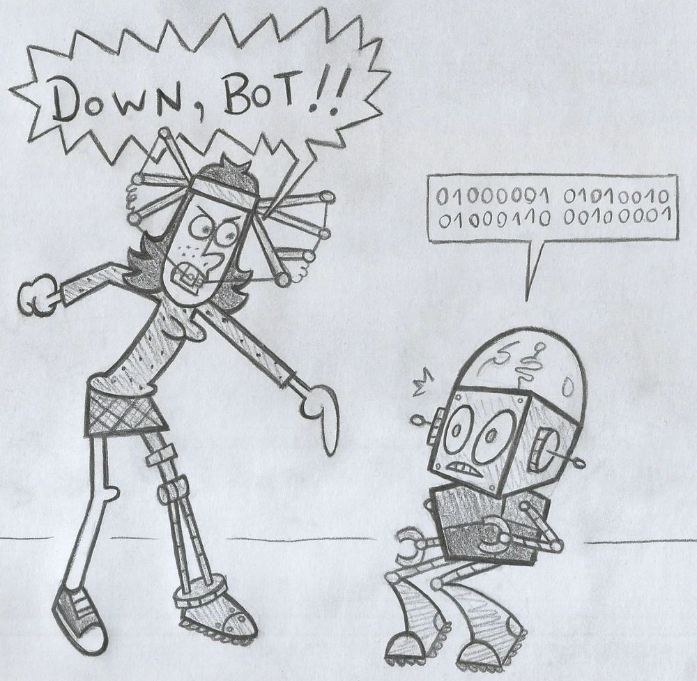 Shannon and Robot Jones recreating the "DOWN BOY!" Archie meme.